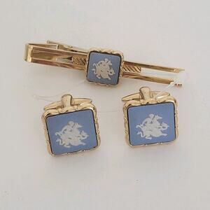 Wedgwood Jasperwear Tie Bar Clip Cufflinks Set Gold Blue Tone Square England